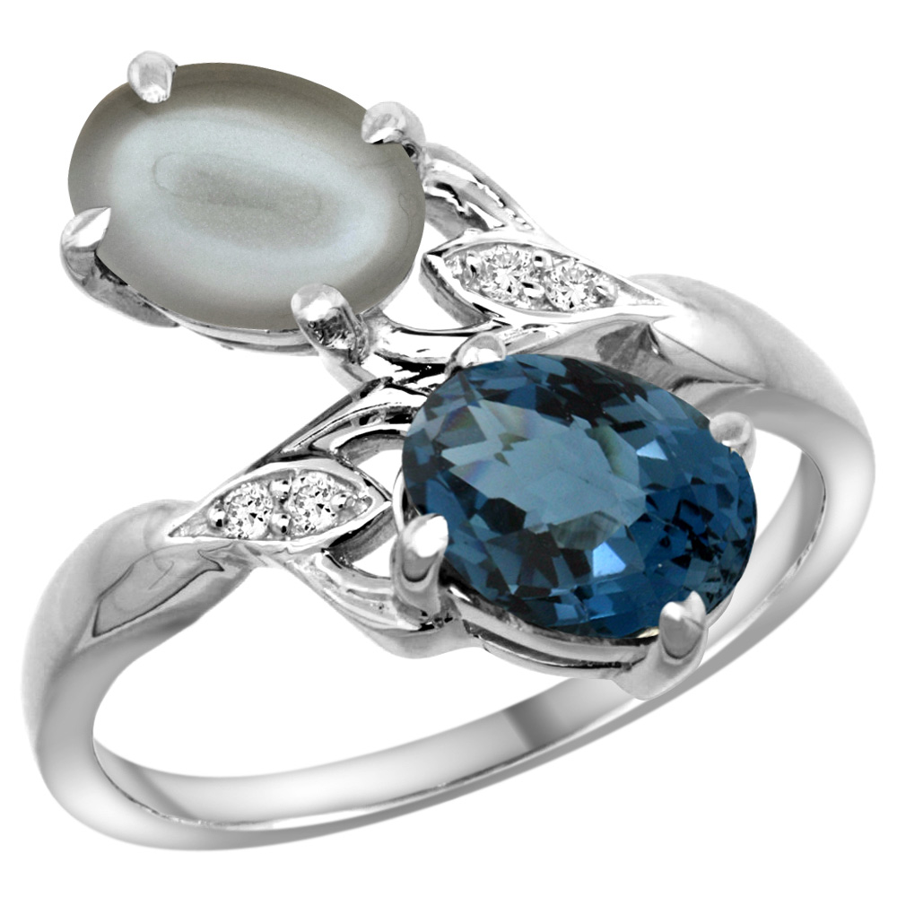 10K WHITE GOLD DIAMOND NATURAL LONDON BLUE TOPAZ & GRAY MOONSTONE 2-STONE RING OVAL 8X6MM, SIZES 5 - 10