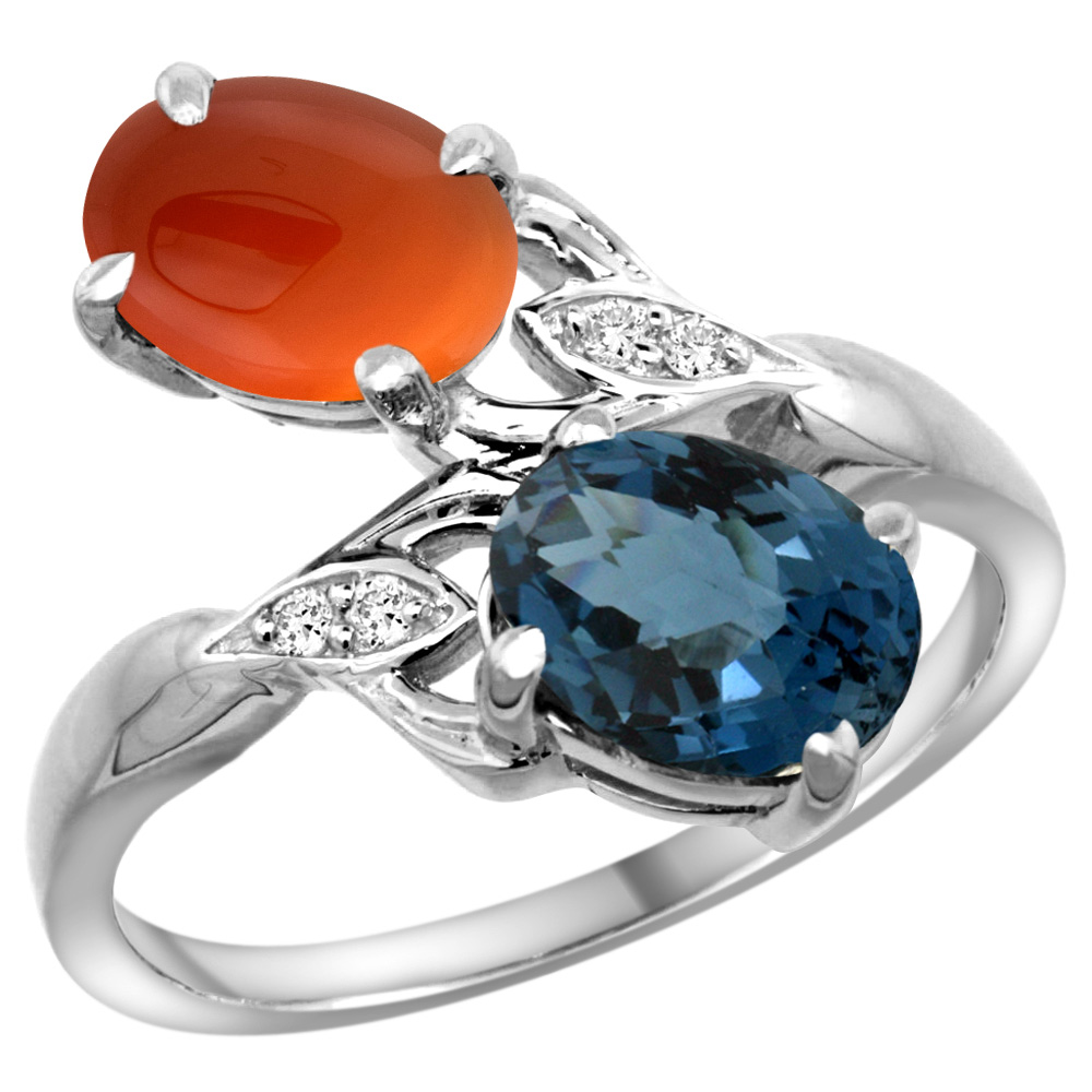 10K WHITE GOLD DIAMOND NATURAL LONDON BLUE TOPAZ & BROWN AGATE 2-STONE RING OVAL 8X6MM, SIZES 5 - 10