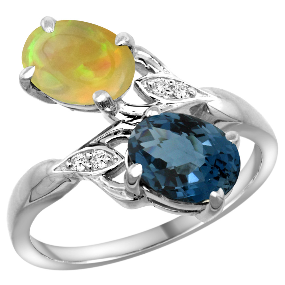 10K WHITE GOLD DIAMOND NATURAL LONDON BLUE TOPAZ&ETHIOPIAN OPAL 2-STONE MOTHERS RING OVAL 8X6MM,SIZE 5-10