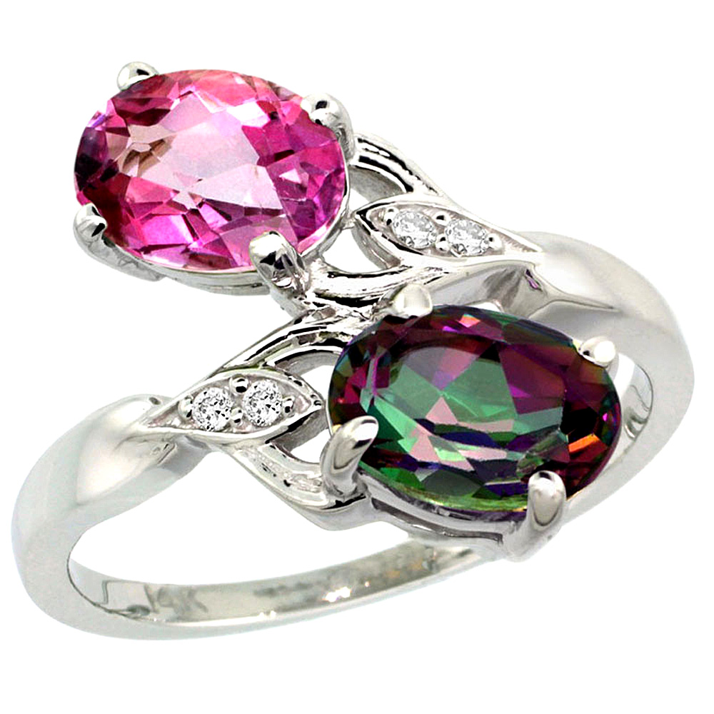 14K WHITE GOLD DIAMOND NATURAL PINK & MYSTIC TOPAZ 2-STONE RING OVAL 8X6MM, SIZES 5 - 10