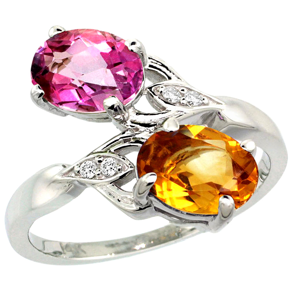 14k White Gold Diamond Natural Pink Topaz &amp; Citrine 2-stone Ring Oval 8x6mm, sizes 5 - 10