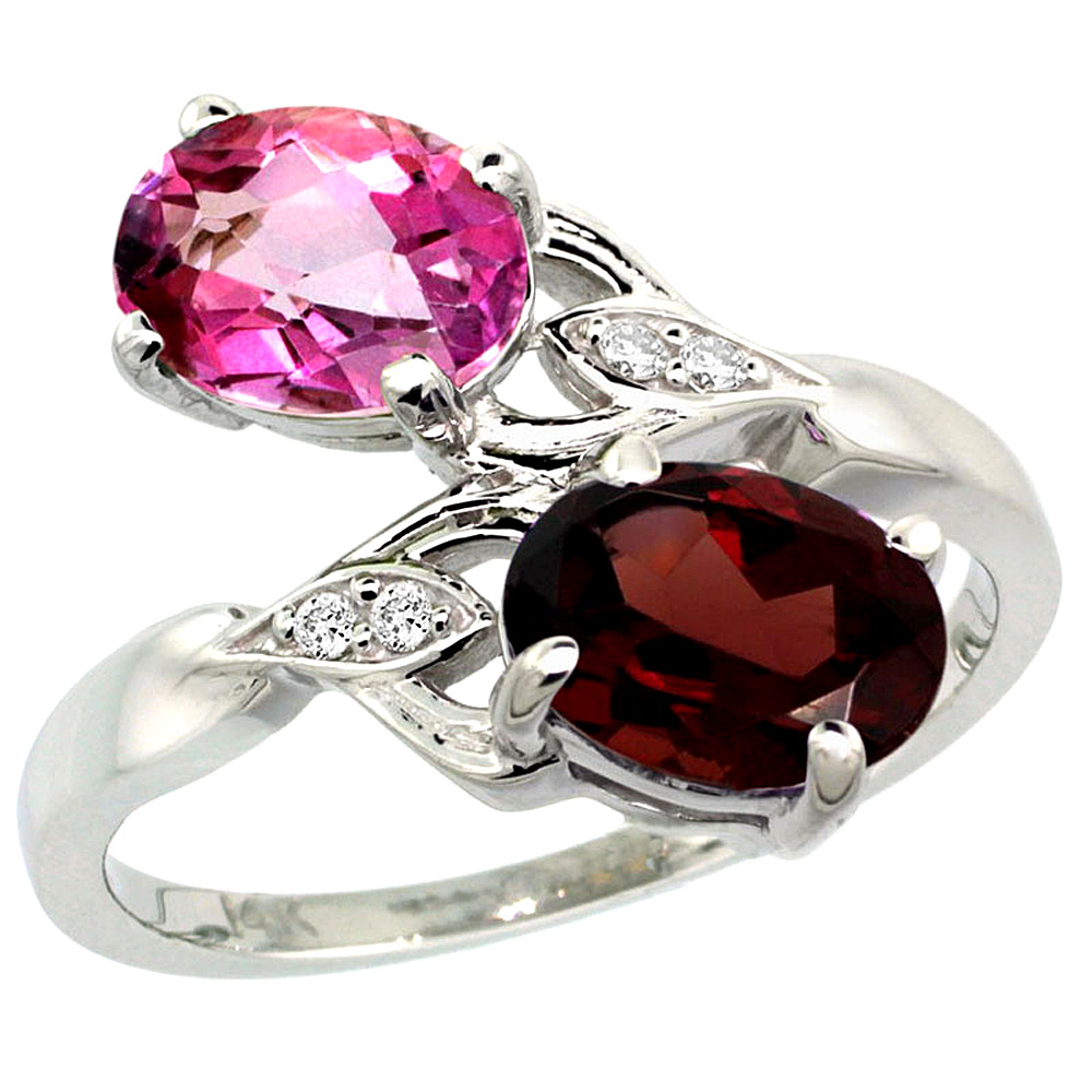 14k White Gold Diamond Natural Pink Topaz & Garnet 2-stone Ring Oval 8x6mm, sizes 5 - 10