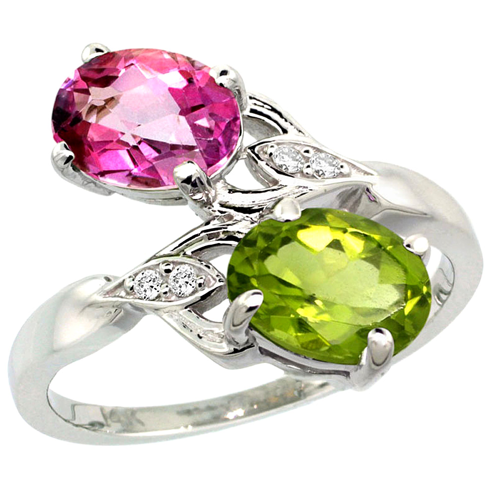 14k White Gold Diamond Natural Pink Topaz & Peridot 2-stone Ring Oval 8x6mm, sizes 5 - 10