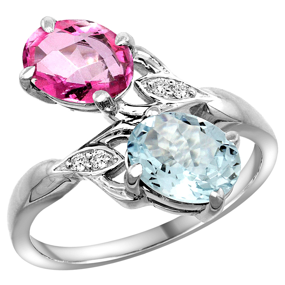 10K WHITE GOLD DIAMOND NATURAL PINK TOPAZ & AQUAMARINE 2-STONE RING OVAL 8X6MM, SIZES 5 - 10