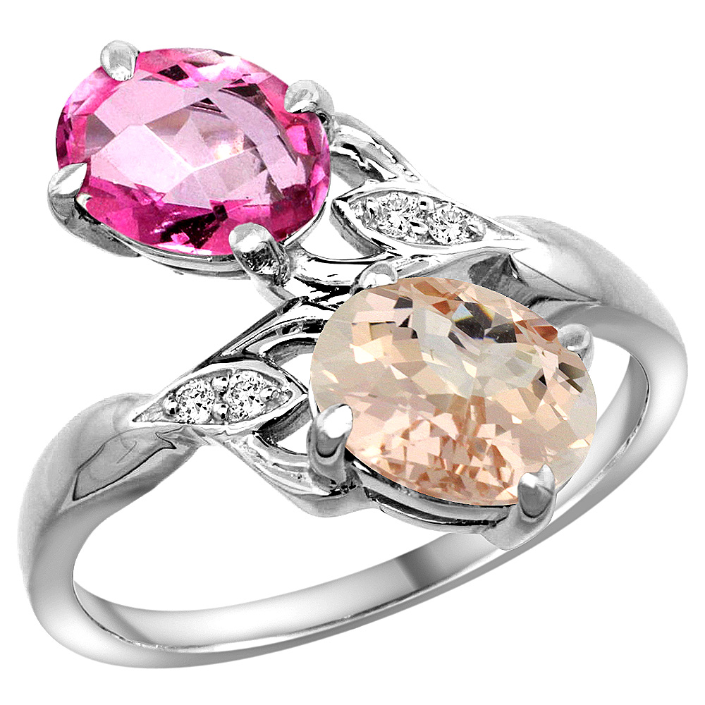 10K White Gold Diamond Natural Pink Topaz &amp; Morganite 2-stone Ring Oval 8x6mm, sizes 5 - 10