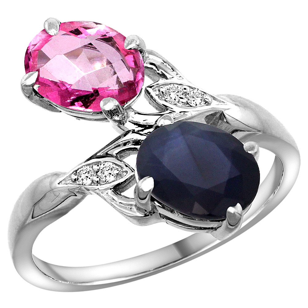 10K White Gold Diamond Natural Pink Topaz & Blue Sapphire 2-stone Ring Oval 8x6mm, sizes 5 - 10