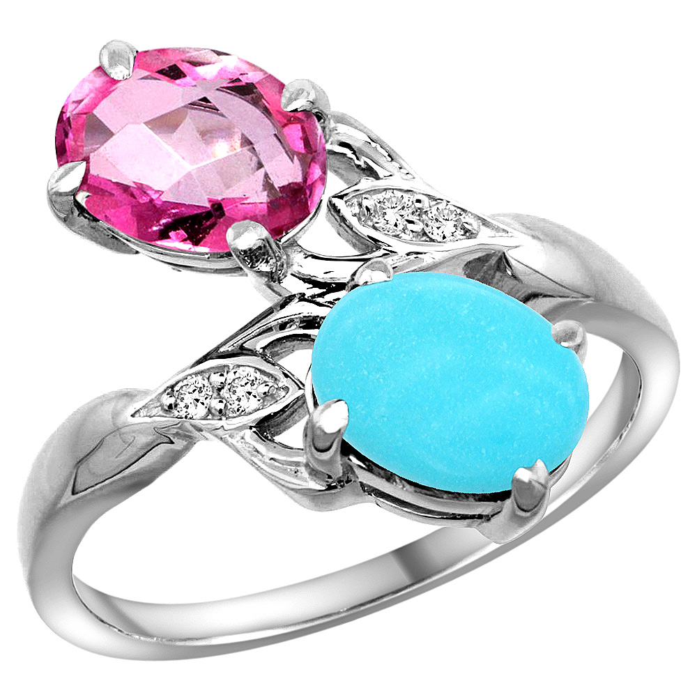 10K WHITE GOLD DIAMOND NATURAL PINK TOPAZ & TURQUOISE 2-STONE RING OVAL 8X6MM, SIZES 5 - 10