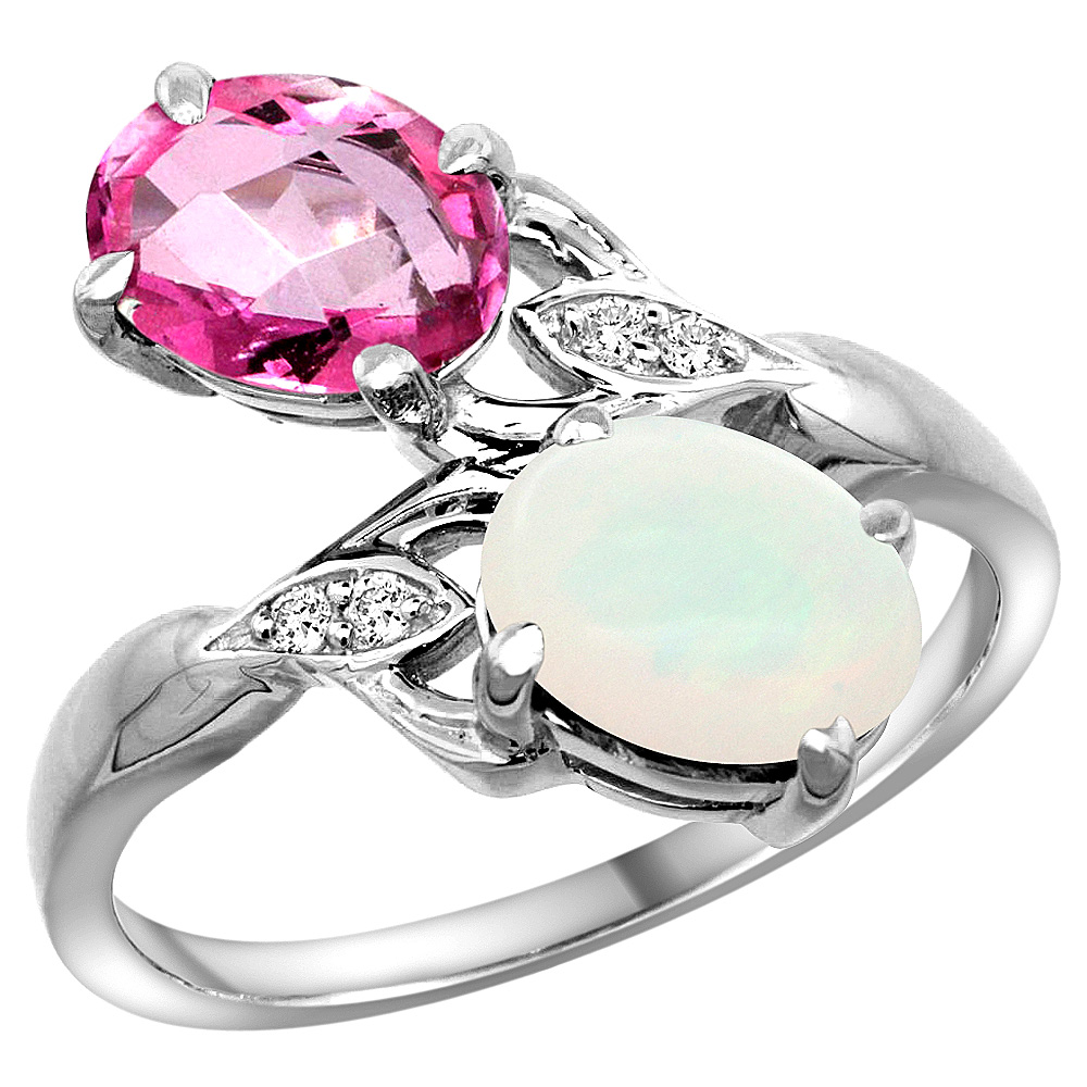 10K WHITE GOLD DIAMOND NATURAL PINK TOPAZ & OPAL 2-STONE RING OVAL 8X6MM, SIZES 5 - 10