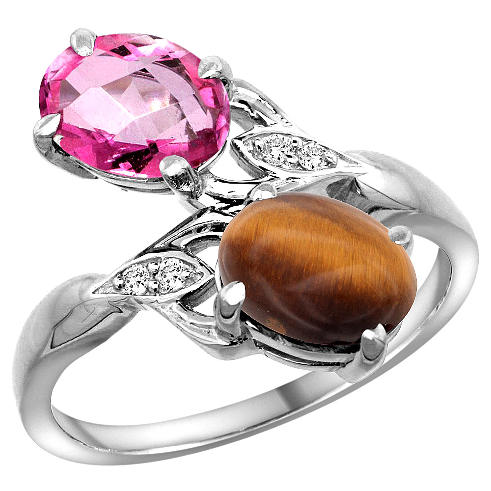10K WHITE GOLD DIAMOND NATURAL PINK TOPAZ & TIGER EYE 2-STONE RING OVAL 8X6MM, SIZES 5 - 10