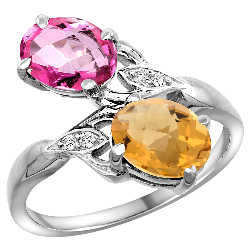 10K WHITE GOLD DIAMOND NATURAL PINK TOPAZ & WHISKY QUARTZ 2-STONE RING OVAL 8X6MM, SIZES 5 - 10