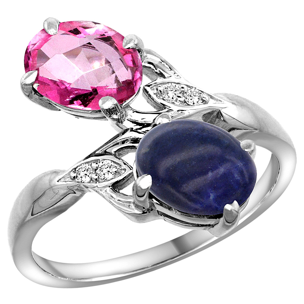 14k White Gold Diamond Natural Pink Topaz & Lapis 2-stone Ring Oval 8x6mm, sizes 5 - 10