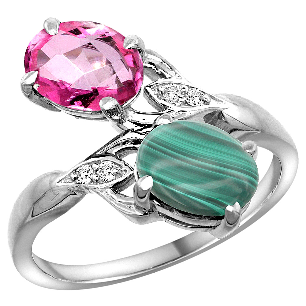 14k White Gold Diamond Natural Pink Topaz &amp; Malachite 2-stone Ring Oval 8x6mm, sizes 5 - 10