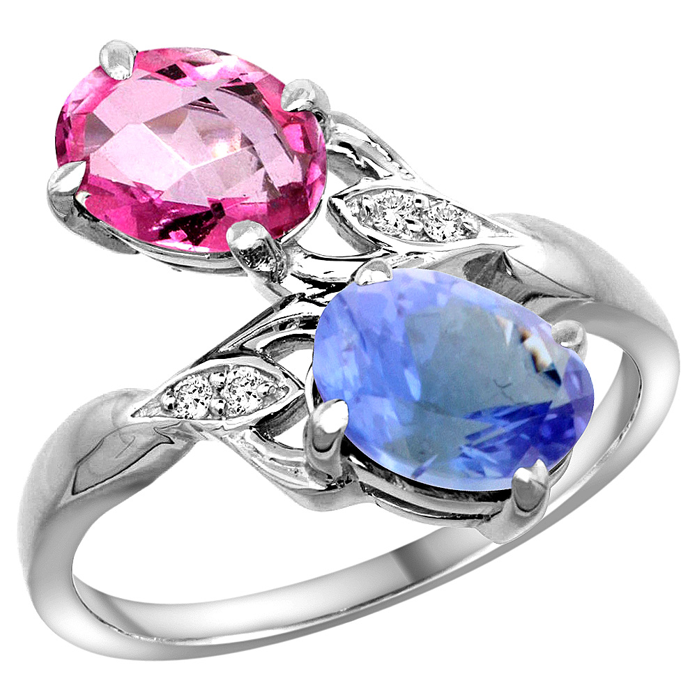 10K WHITE GOLD DIAMOND NATURAL PINK TOPAZ & TANZANITE 2-STONE RING OVAL 8X6MM, SIZES 5 - 10