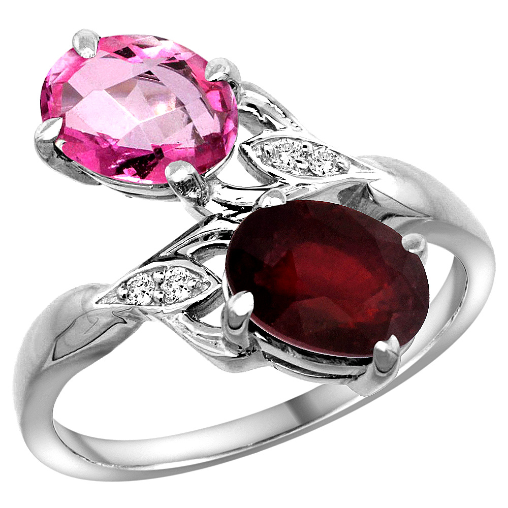 10K WHITE GOLD DIAMOND NATURAL PINK TOPAZ RUBY 2-STONE MOTHERS RING OVAL 8X6MM SIZE 5 - 10