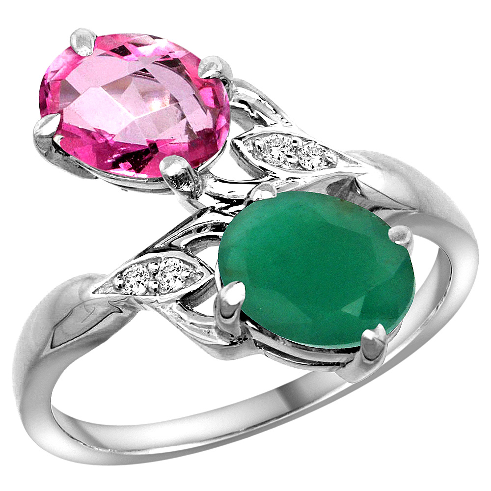 10K White Gold Diamond Natural Pink Topaz & Quality Emerald 2-stone Mothers Ring Oval 8x6mm, size 5 - 10