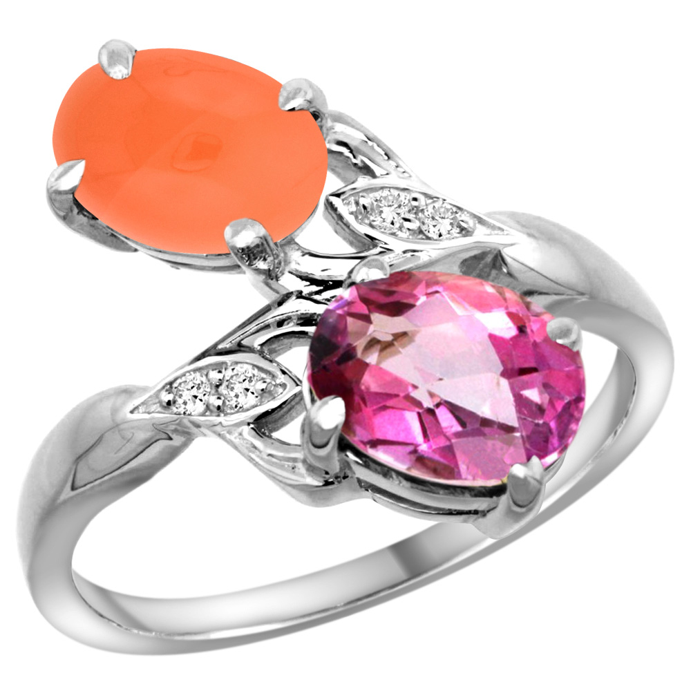 10K WHITE GOLD DIAMOND NATURAL PINK TOPAZ & ORANGE MOONSTONE 2-STONE RING OVAL 8X6MM, SIZES 5 - 10