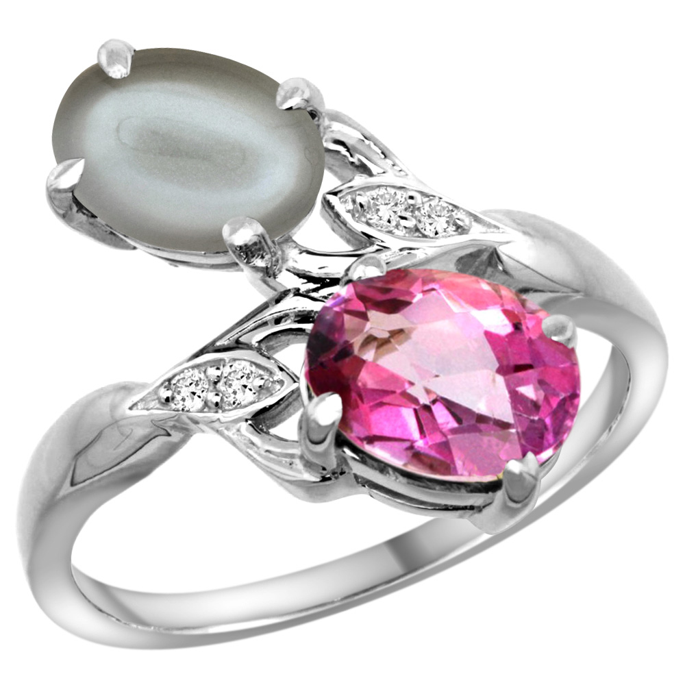 10K WHITE GOLD DIAMOND NATURAL PINK TOPAZ & GRAY MOONSTONE 2-STONE RING OVAL 8X6MM, SIZES 5 - 10