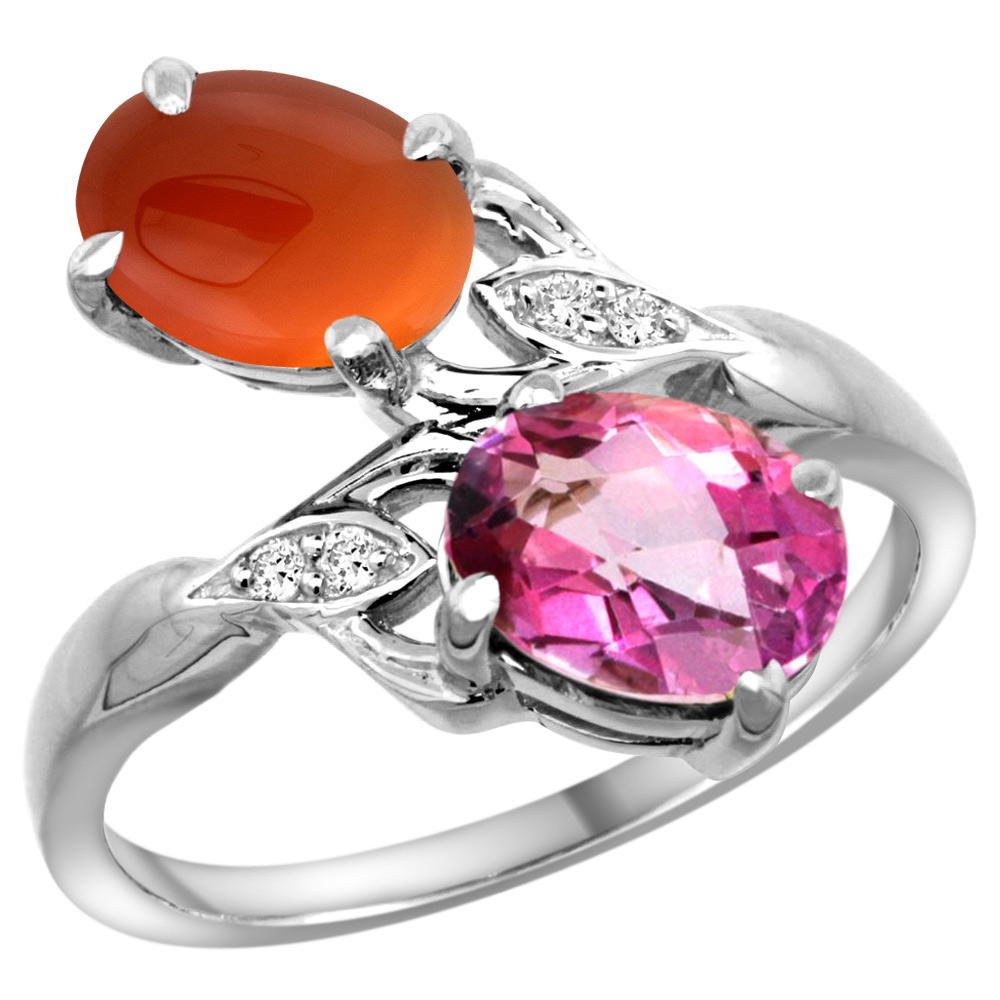 10K WHITE GOLD DIAMOND NATURAL PINK TOPAZ & BROWN AGATE 2-STONE RING OVAL 8X6MM, SIZES 5 - 10
