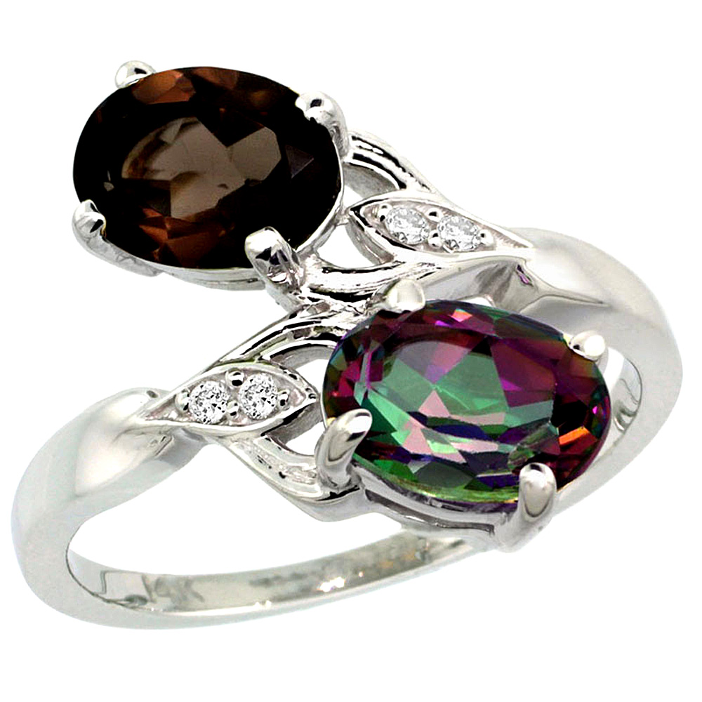 14K WHITE GOLD DIAMOND NATURAL SMOKY & MYSTIC TOPAZ 2-STONE RING OVAL 8X6MM, SIZES 5 - 10