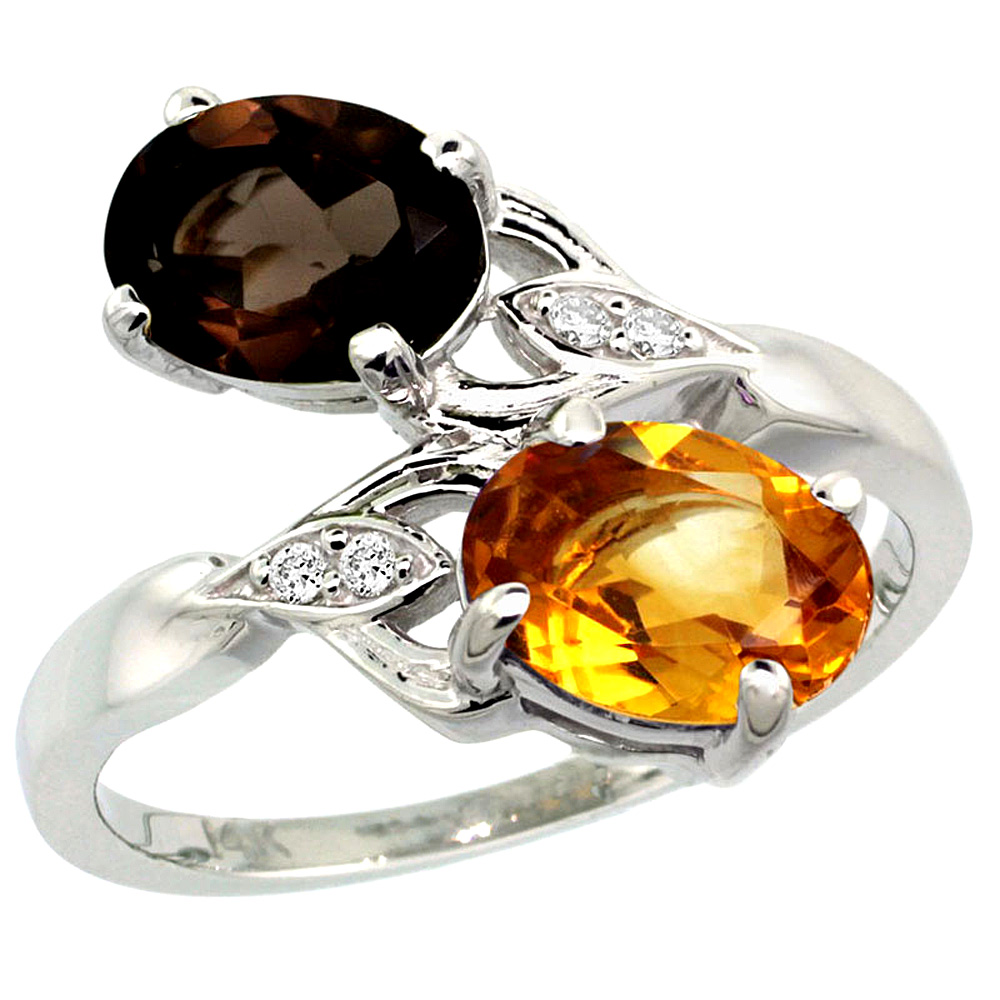 14k White Gold Diamond Natural Smoky Topaz &amp; Citrine 2-stone Ring Oval 8x6mm, sizes 5 - 10