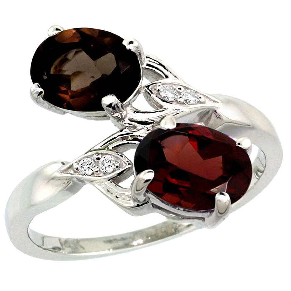 14K WHITE GOLD DIAMOND NATURAL SMOKY TOPAZ & GARNET 2-STONE RING OVAL 8X6MM, SIZES 5 - 10