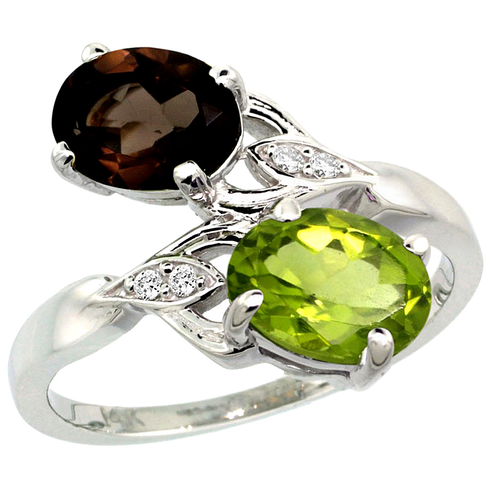 14K WHITE GOLD DIAMOND NATURAL SMOKY TOPAZ & PERIDOT 2-STONE RING OVAL 8X6MM, SIZES 5 - 10