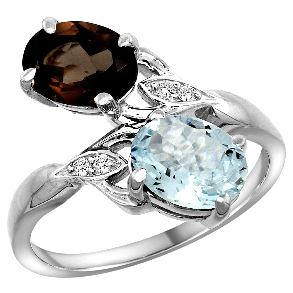 14k White Gold Diamond Natural Smoky Topaz &amp; Aquamarine 2-stone Ring Oval 8x6mm, sizes 5 - 10