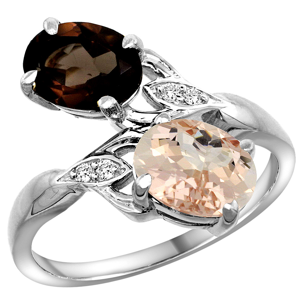 10K White Gold Diamond Natural Smoky Topaz &amp; Morganite 2-stone Ring Oval 8x6mm, sizes 5 - 10