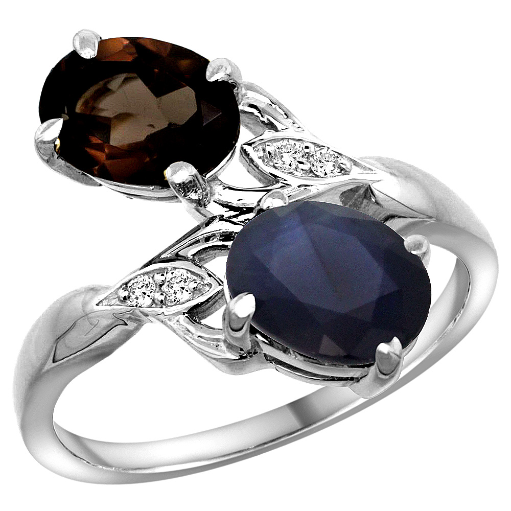 10K WHITE GOLD DIAMOND NATURAL SMOKY TOPAZ & BLUE SAPPHIRE 2-STONE RING OVAL 8X6MM, SIZES 5 - 10