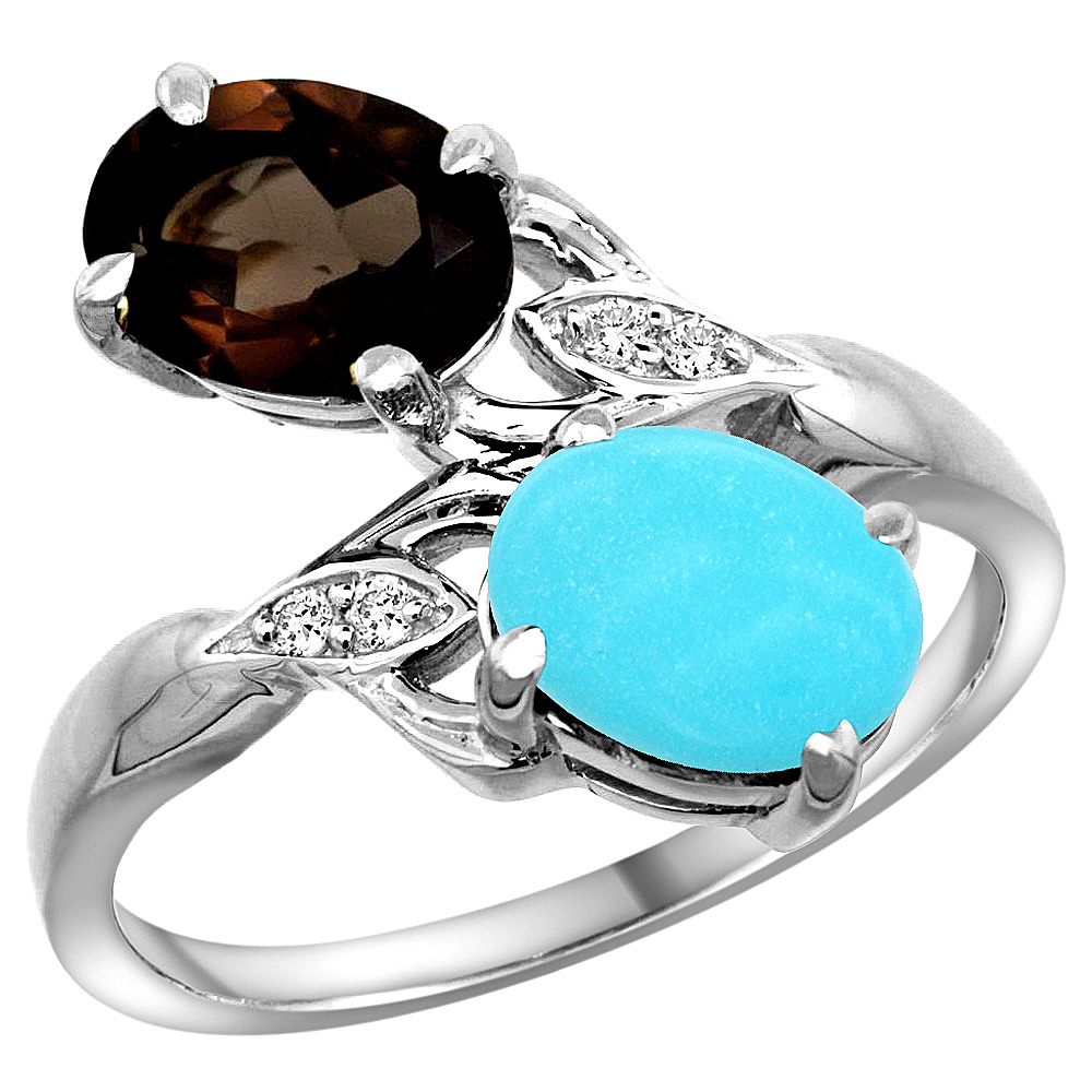 14k White Gold Diamond Natural Smoky Topaz &amp; Turquoise 2-stone Ring Oval 8x6mm, sizes 5 - 10