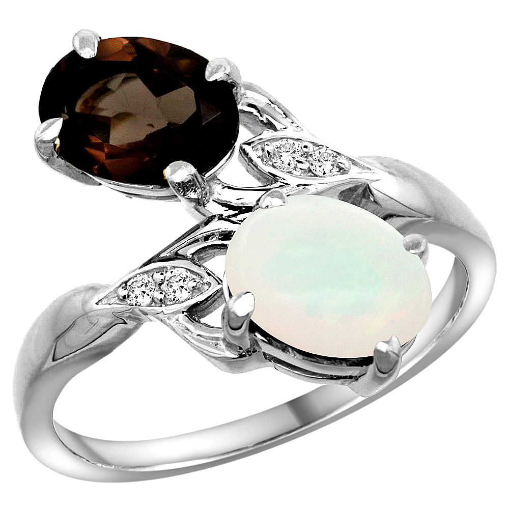 10K WHITE GOLD DIAMOND NATURAL SMOKY TOPAZ & OPAL 2-STONE RING OVAL 8X6MM, SIZES 5 - 10