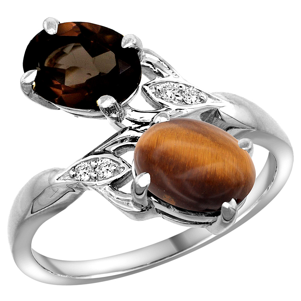 10K White Gold Diamond Natural Smoky Topaz & Tiger Eye 2-stone Ring Oval 8x6mm, sizes 5 - 10