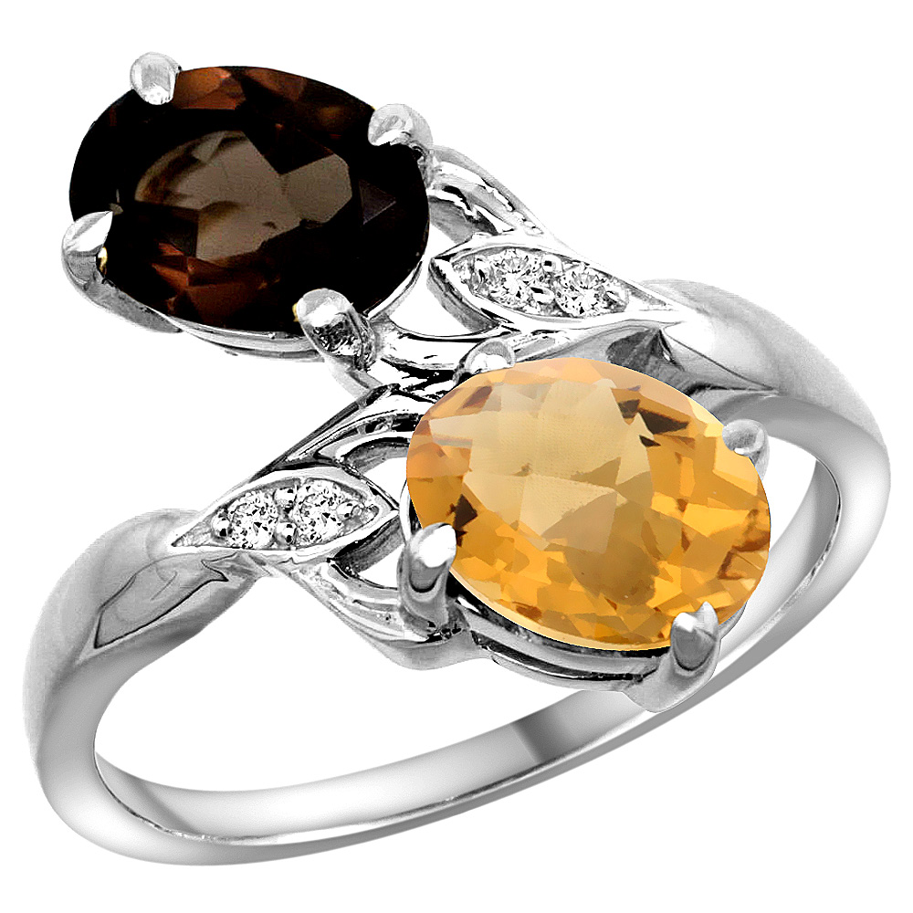 10K White Gold Diamond Natural Smoky Topaz & Whisky Quartz 2-stone Ring Oval 8x6mm, sizes 5 - 10