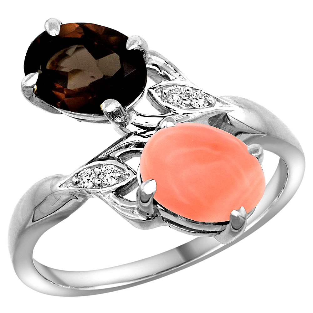 14k White Gold Diamond Natural Smoky Topaz & Coral 2-stone Ring Oval 8x6mm, sizes 5 - 10