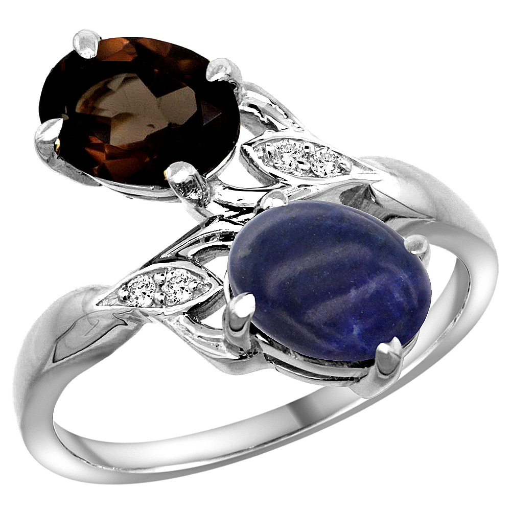 10K WHITE GOLD DIAMOND NATURAL SMOKY TOPAZ & LAPIS 2-STONE RING OVAL 8X6MM, SIZES 5 - 10