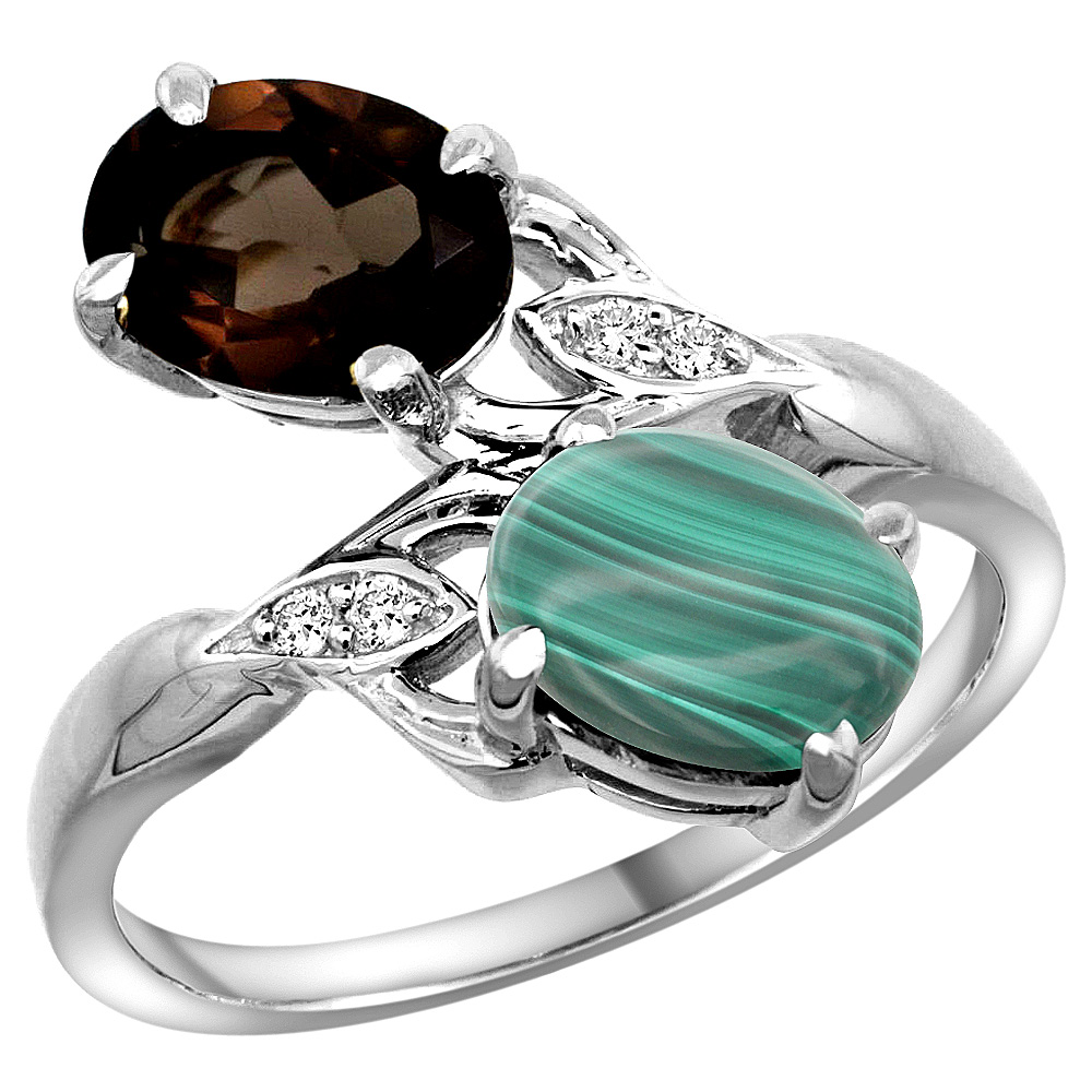 10K WHITE GOLD DIAMOND NATURAL SMOKY TOPAZ & MALACHITE 2-STONE RING OVAL 8X6MM, SIZES 5 - 10