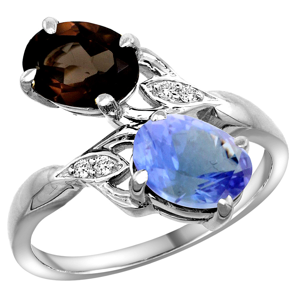 10K WHITE GOLD DIAMOND NATURAL SMOKY TOPAZ & TANZANITE 2-STONE RING OVAL 8X6MM, SIZES 5 - 10
