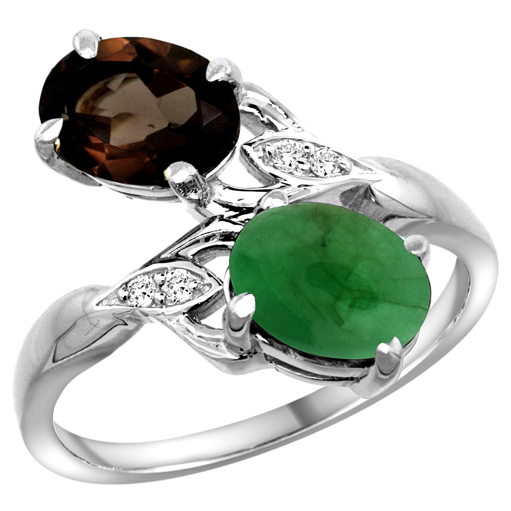 10K WHITE GOLD DIAMOND NATURAL SMOKY TOPAZ & CABOCHON EMERALD 2-STONE RING OVAL 8X6MM, SIZES 5 - 10