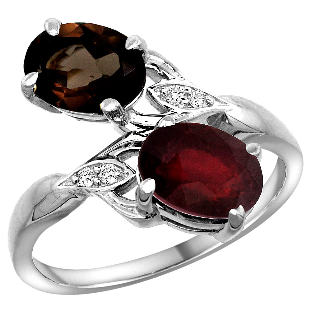 14k White Gold Diamond Natural Smoky Topaz &amp; Quality Ruby 2-stone Mothers Ring Oval 8x6mm, size 5 - 10