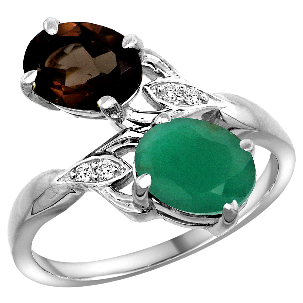 10K White Gold Diamond Natural Smoky Topaz & Quality Emerald 2-stone Mothers Ring Oval 8x6mm, size 5 - 10