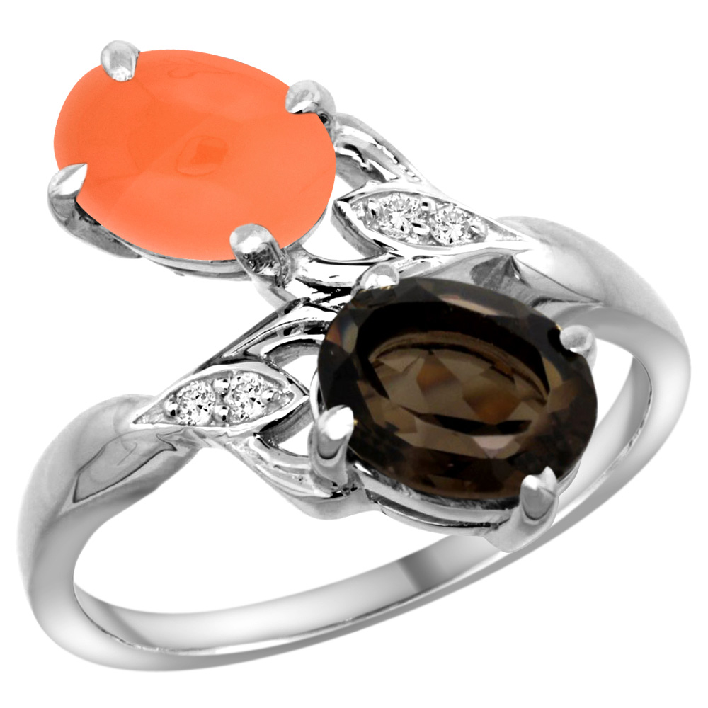 10K White Gold Diamond Natural Smoky Topaz & Orange Moonstone 2-stone Ring Oval 8x6mm, sizes 5 - 10