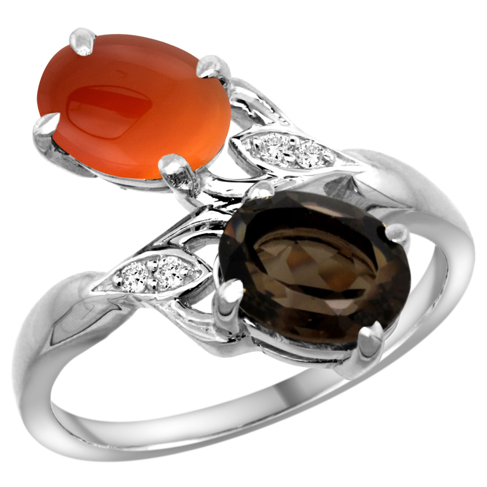 14k White Gold Diamond Natural Smoky Topaz & Brown Agate 2-stone Ring Oval 8x6mm, sizes 5 - 10