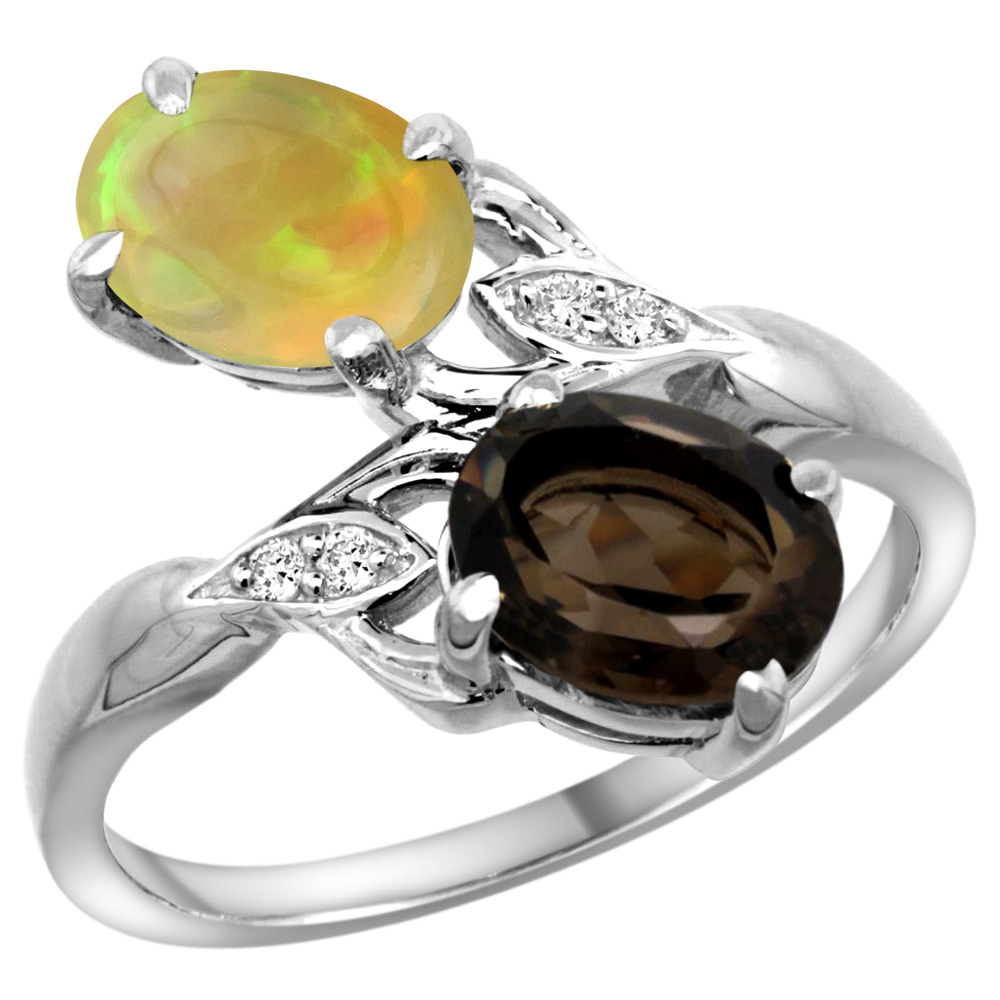 10K WHITE GOLD DIAMOND NATURAL SMOKY TOPAZ & ETHIOPIAN OPAL 2-STONE MOTHERS RING OVAL 8X6MM, SIZE 5 - 10