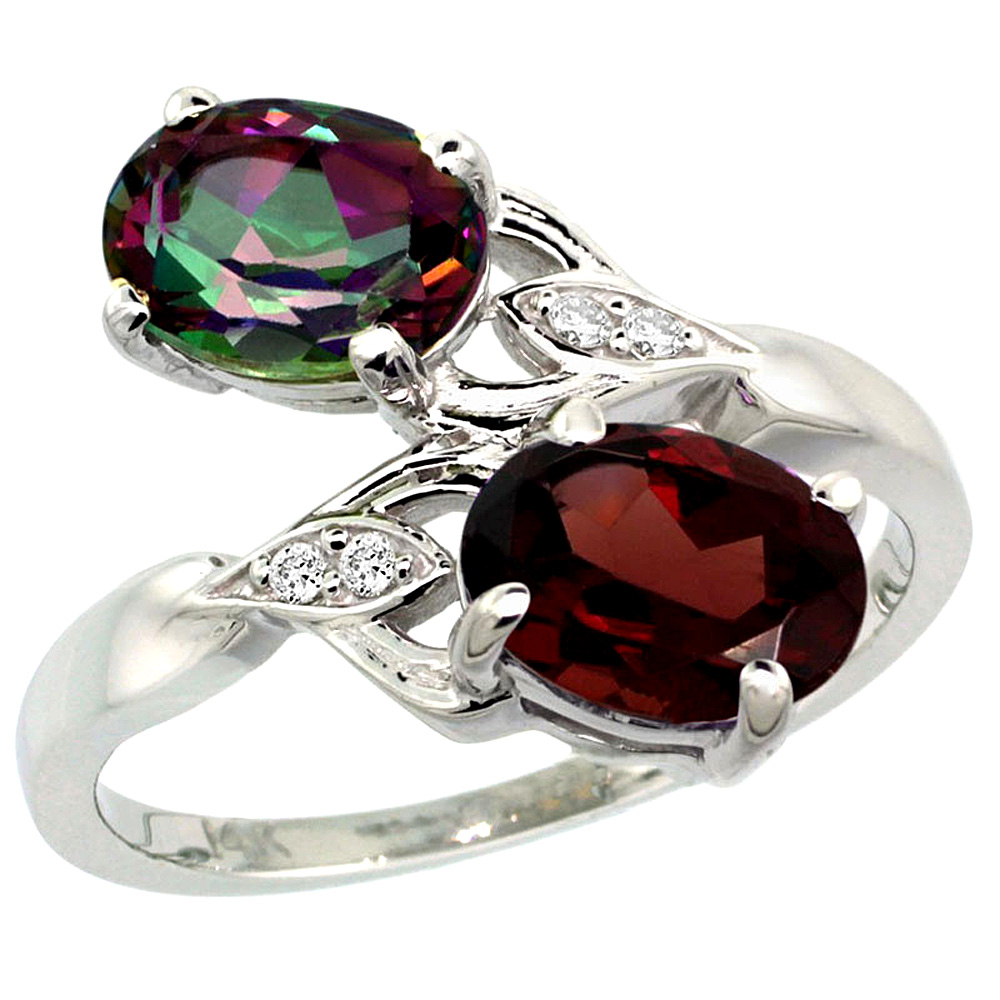 14K WHITE GOLD DIAMOND NATURAL MYSTIC TOPAZ & GARNET 2-STONE RING OVAL 8X6MM, SIZES 5 - 10