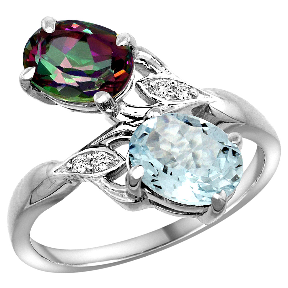 10K White Gold Diamond Natural Mystic Topaz & Aquamarine 2-stone Ring Oval 8x6mm, sizes 5 - 10