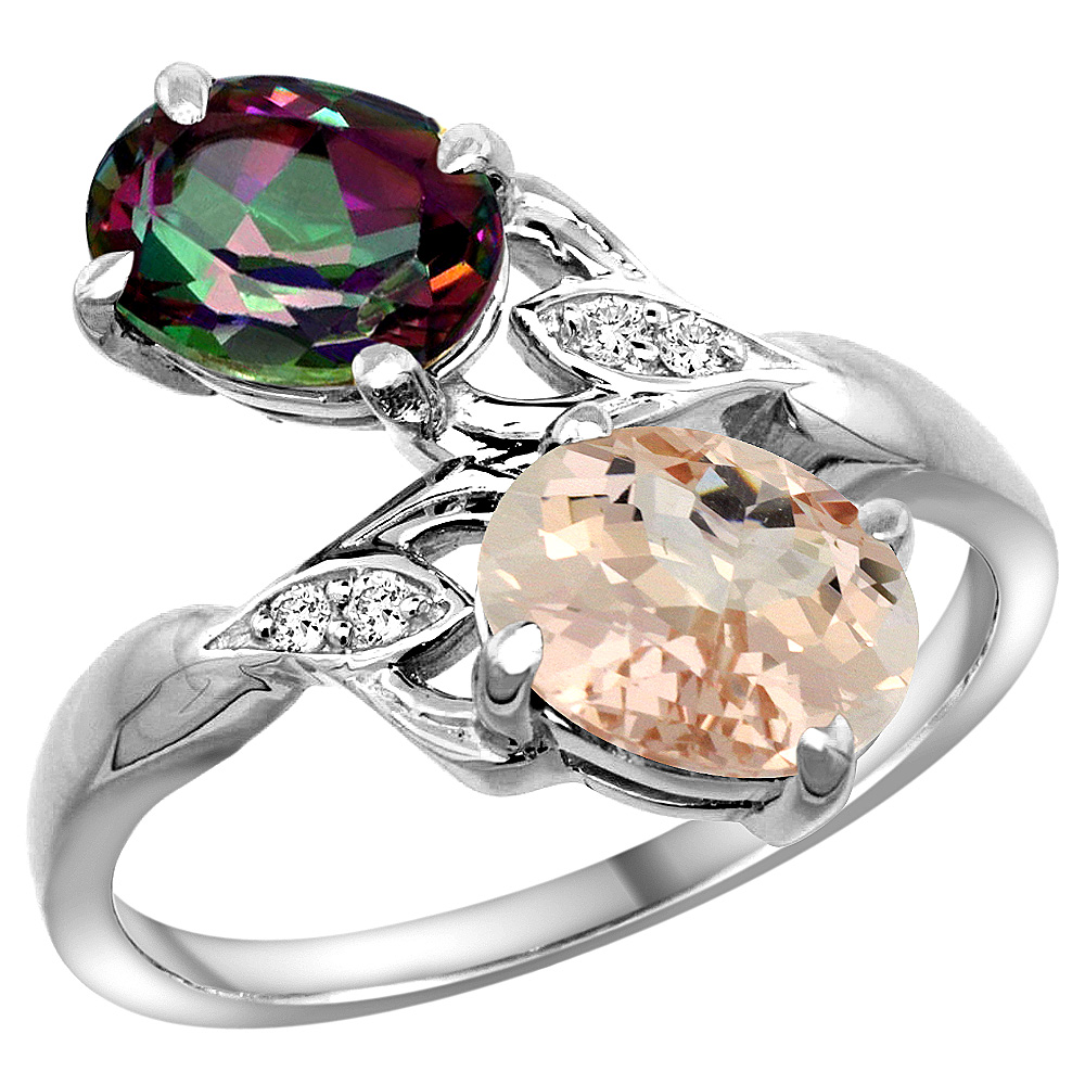 10K White Gold Diamond Natural Mystic Topaz & Morganite 2-stone Ring Oval 8x6mm, sizes 5 - 10