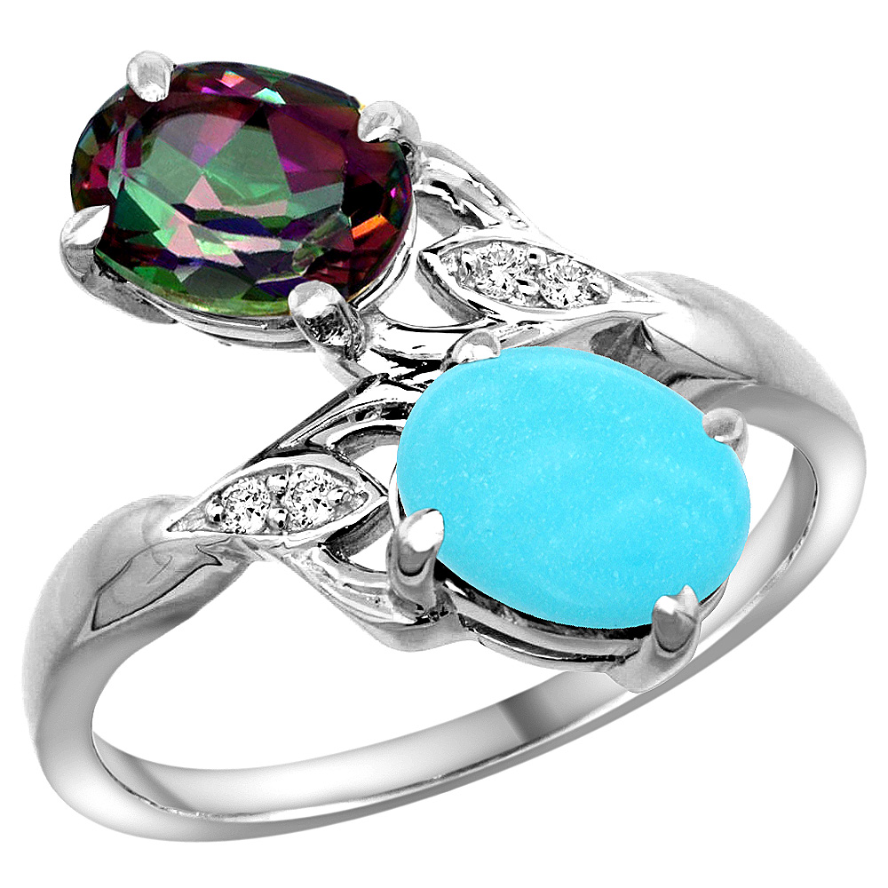 14k White Gold Diamond Natural Mystic Topaz &amp; Turquoise 2-stone Ring Oval 8x6mm, sizes 5 - 10