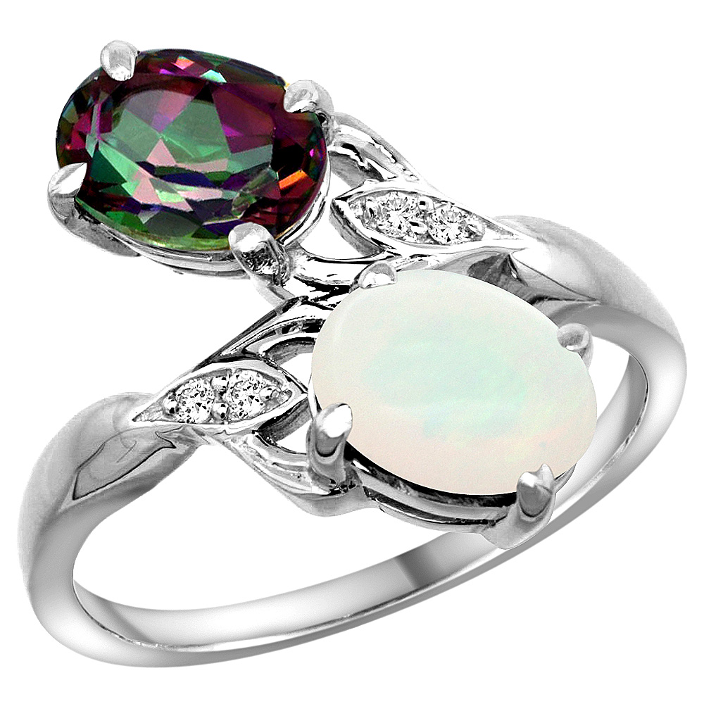 14K WHITE GOLD DIAMOND NATURAL MYSTIC TOPAZ & OPAL 2-STONE RING OVAL 8X6MM, SIZES 5 - 10