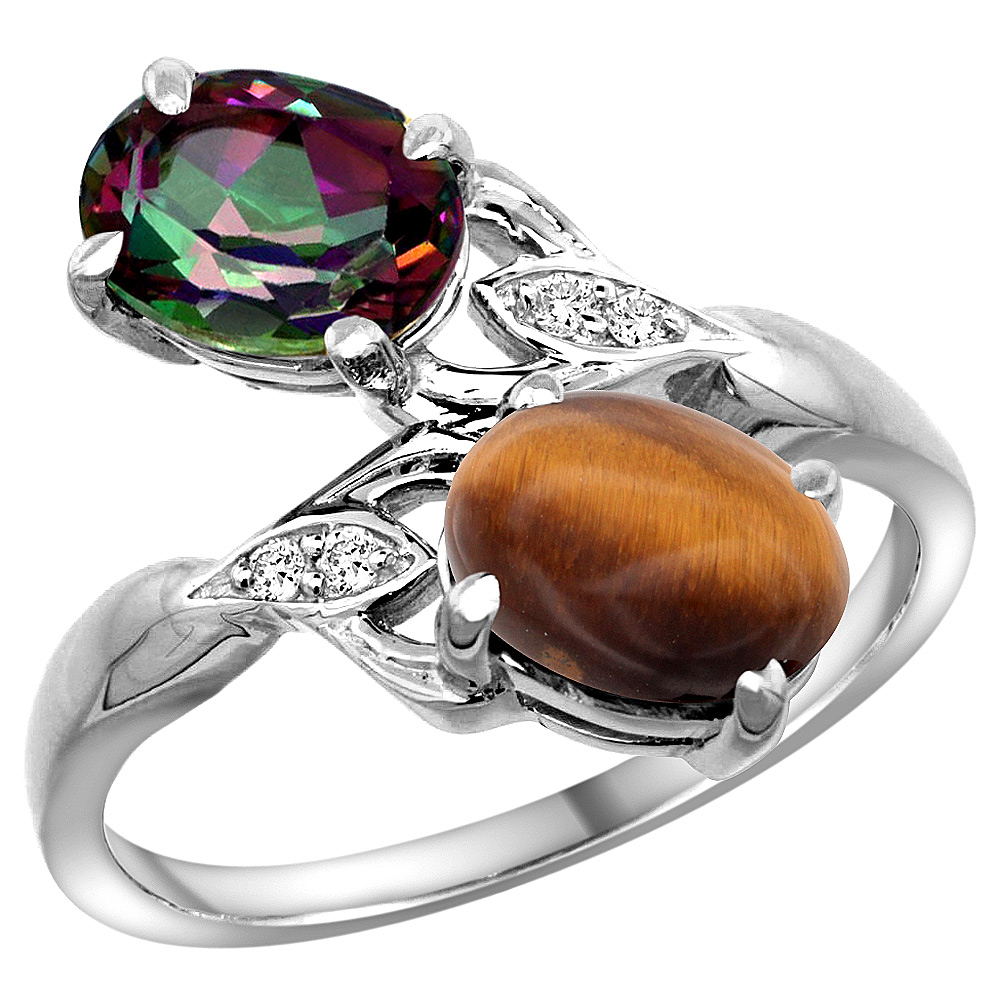 14k White Gold Diamond Natural Mystic Topaz & Tiger Eye 2-stone Ring Oval 8x6mm, sizes 5 - 10