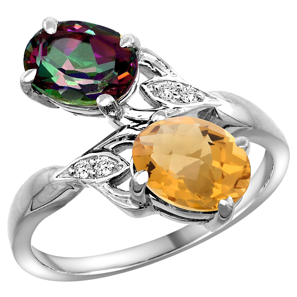 14k White Gold Diamond Natural Mystic Topaz &amp; Whisky Quartz 2-stone Ring Oval 8x6mm, sizes 5 - 10